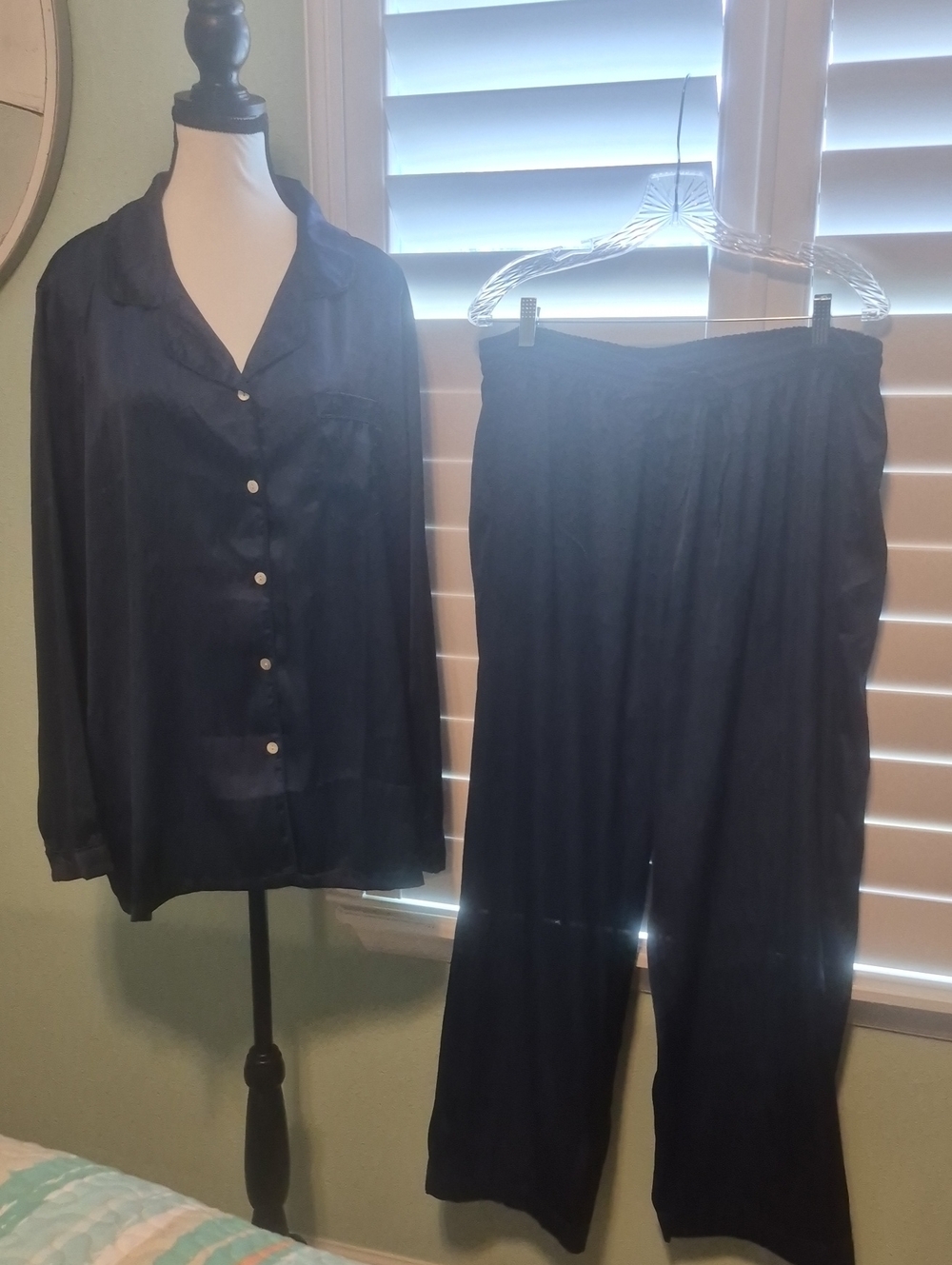 Navy Satin Women’s Pajama Set - Button-Front Top & Elastic Waist Pants